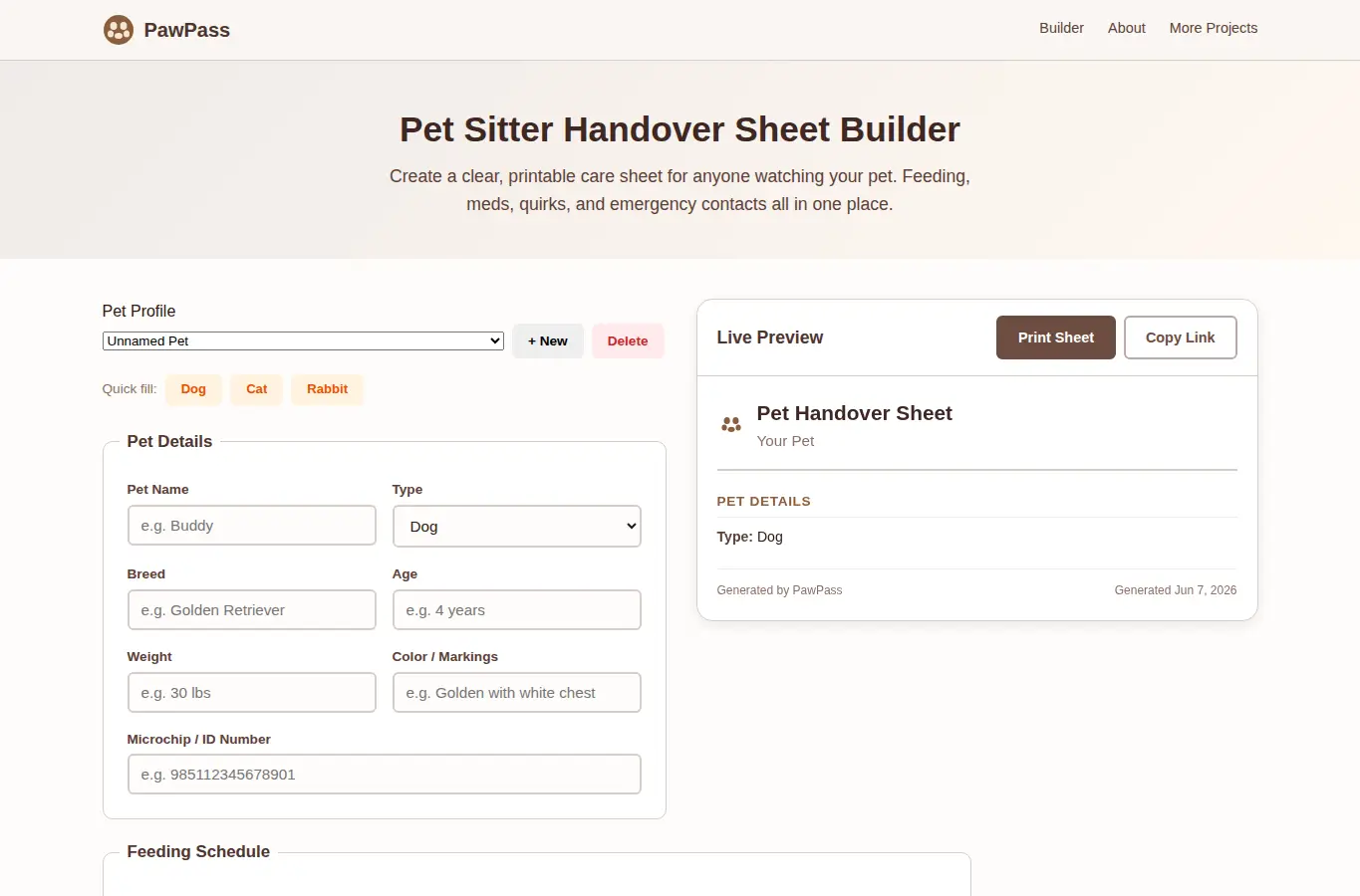 Screenshot of PawPass: Pet Sitter Handover Sheet Builder interface showing the project page in use